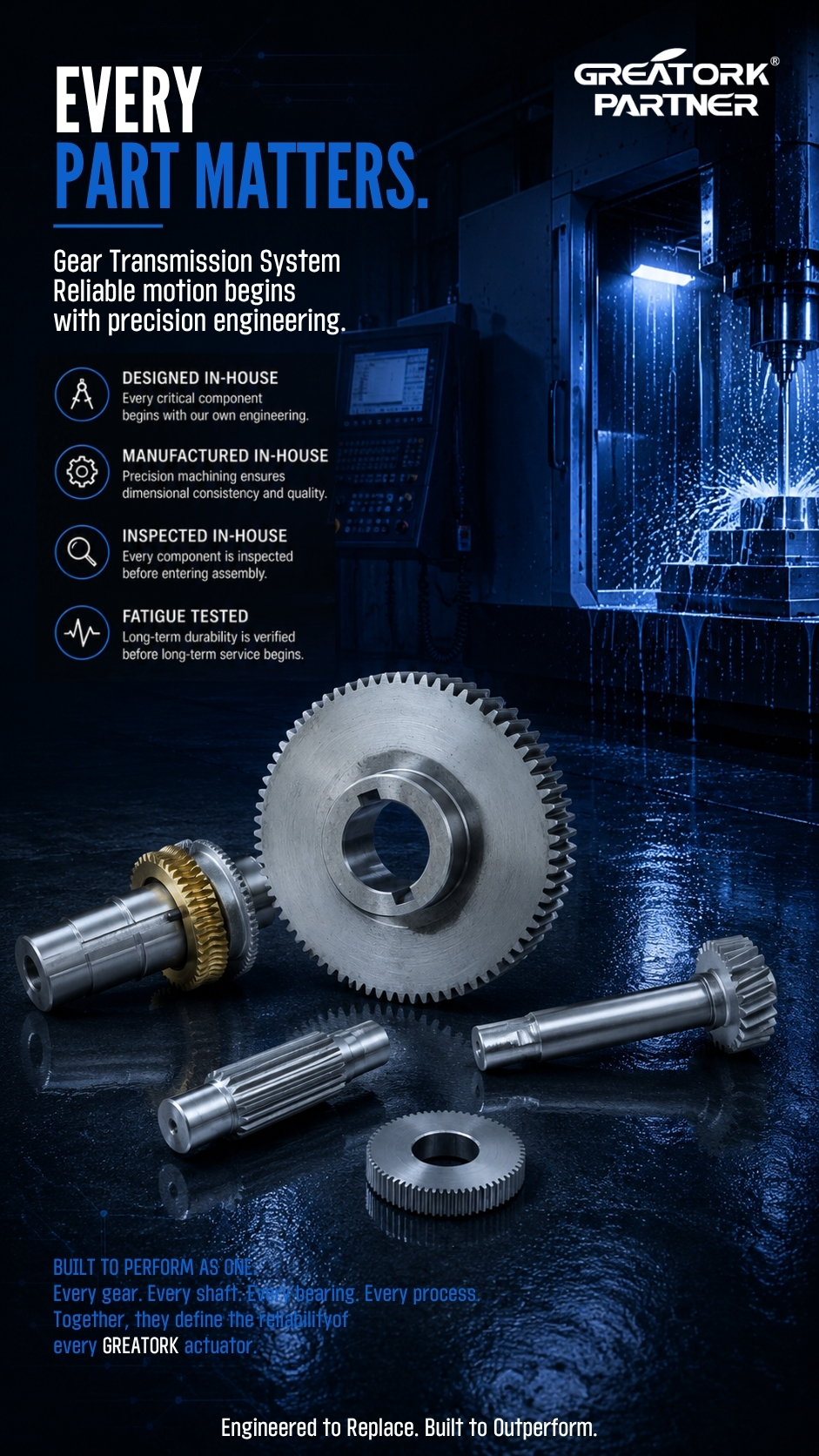 GREATORK electric actuator gear transmission system components including large gear, gear shaft, and hollow output shaft