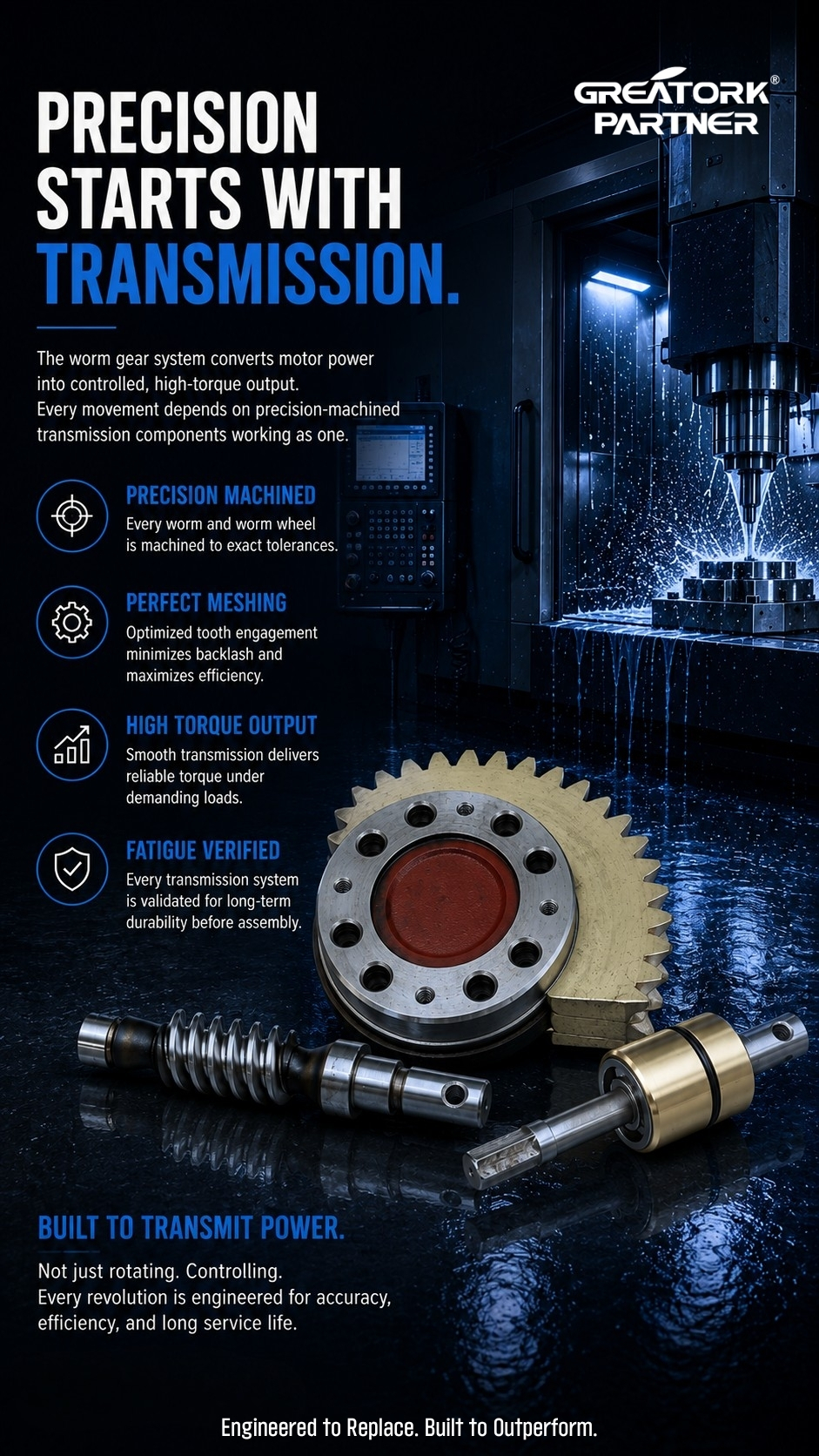 GREATORK electric actuator worm drive system featuring precision-machined worm and worm wheel assembly