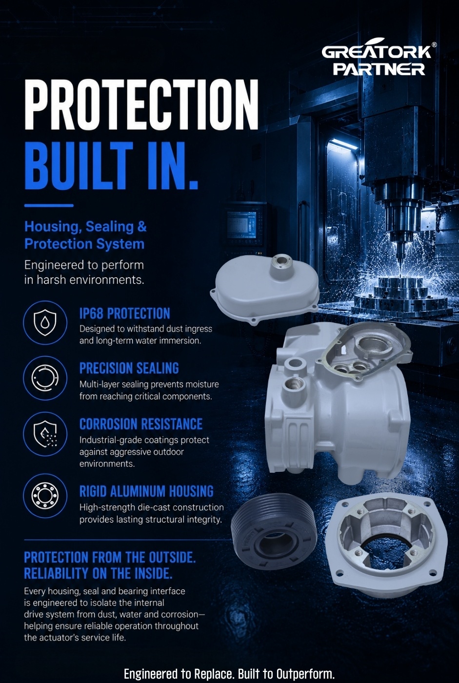 GREATORK electric actuator protective components including AVA housing, gearbox cover, bearings, and oil seals