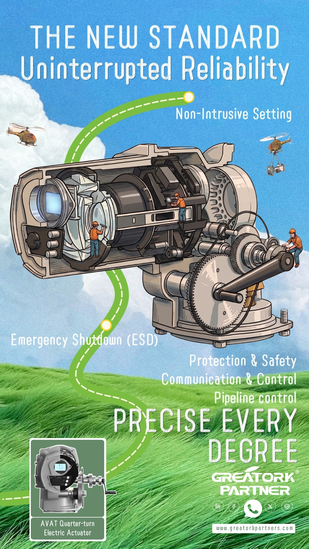 GREATORK AVAT intelligent quarter-turn electric actuator featuring non-intrusive setting and emergency shutdown for reliable industrial valve automation.