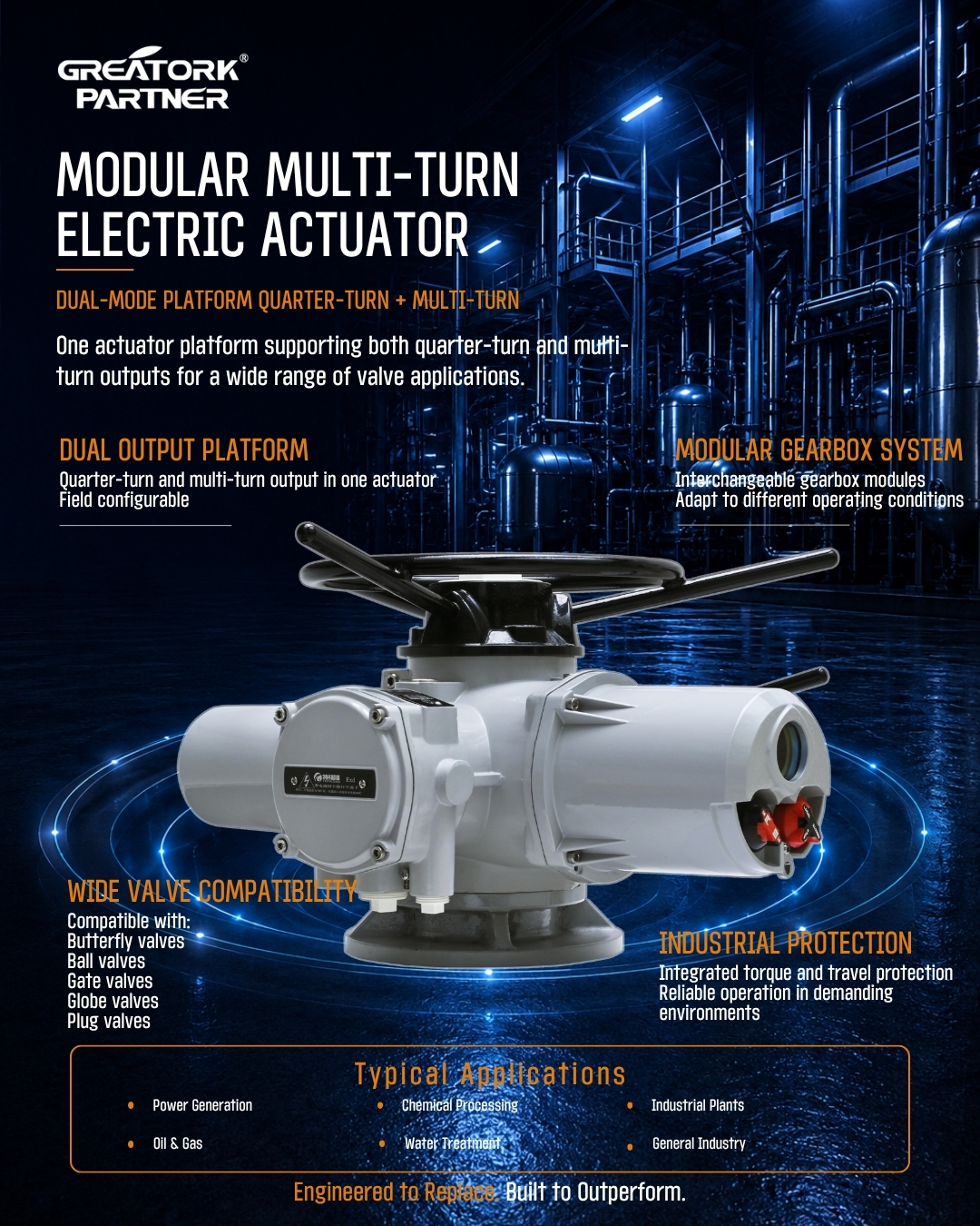 GREATORK modular multi-turn electric actuator platform with flexible gearbox configurations for multi-turn and quarter-turn valves
