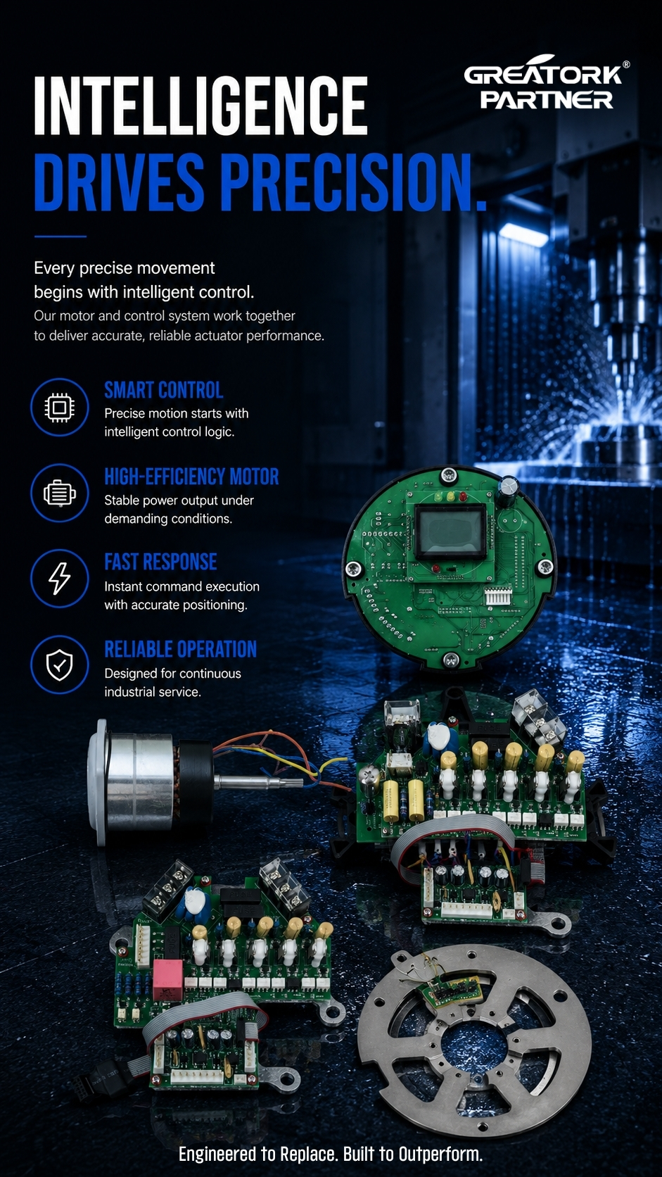 GREATORK electric actuator intelligent control system featuring mainboard, power board, and position feedback module