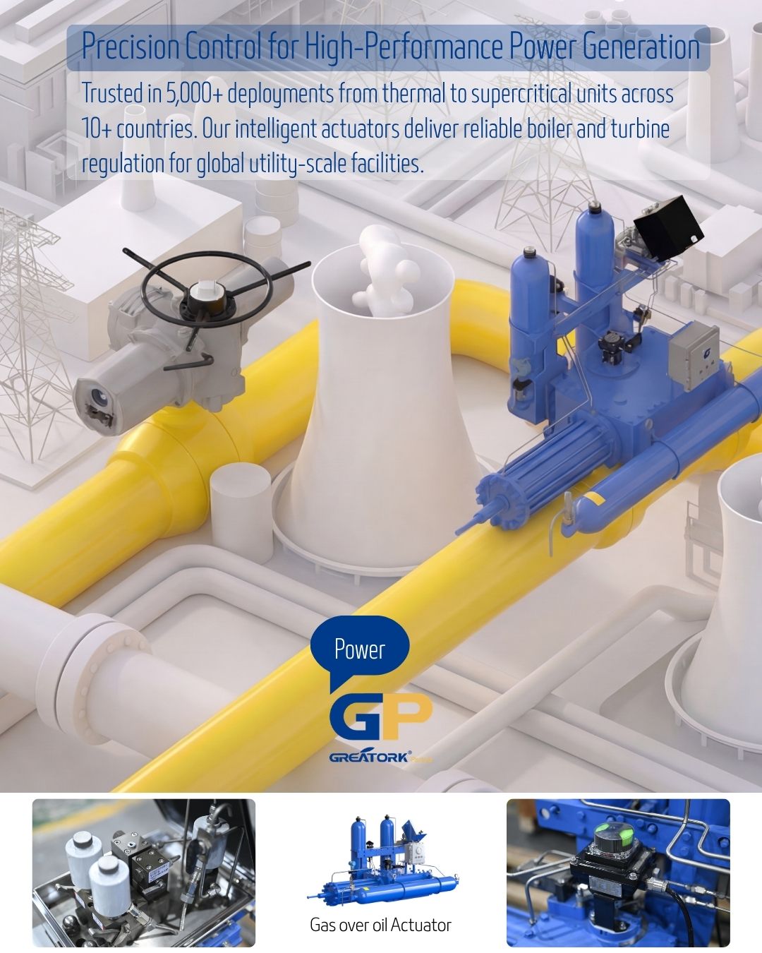 GREATORK intelligent electric actuators for power generation valve automation in thermal power plants, boiler systems, steam turbines and cooling water applications.