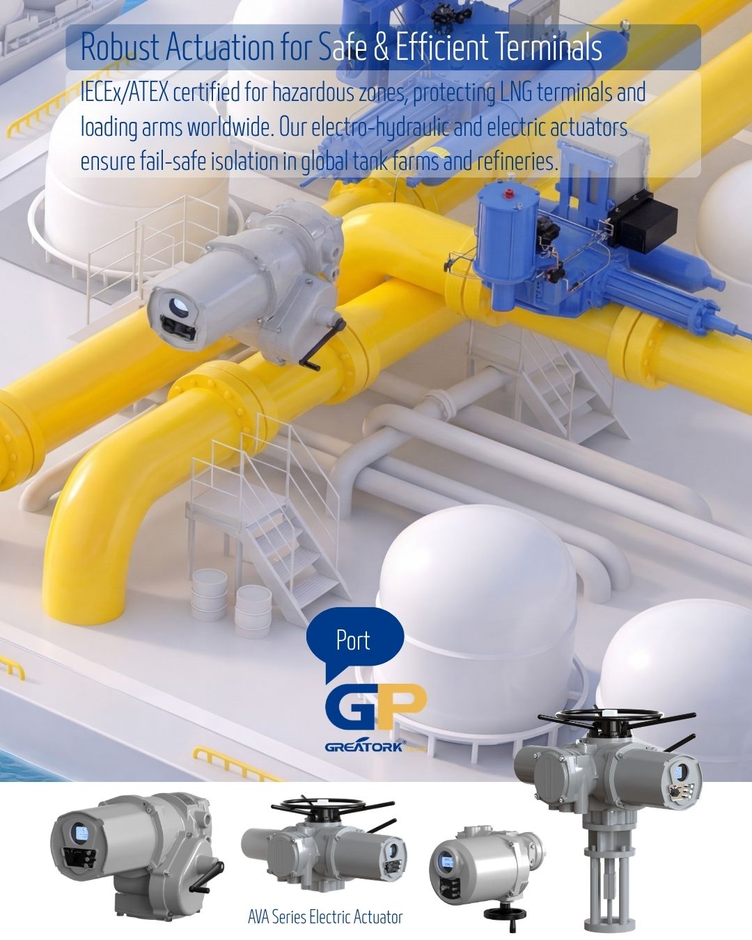 GREATORK intelligent electric actuators for port and terminal valve automation supporting LNG terminals, tank farms, marine loading arms and hazardous area applications.