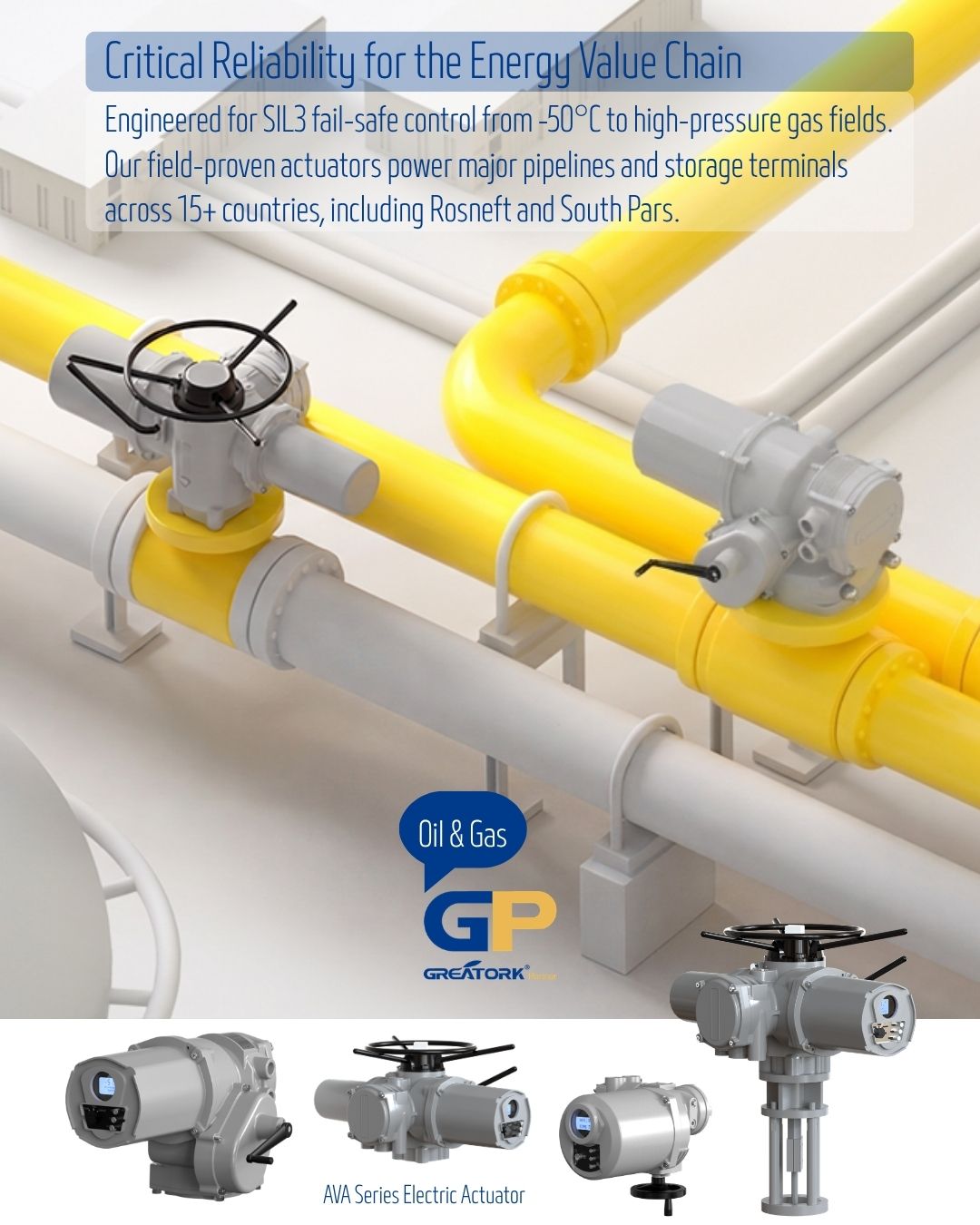 GREATORK intelligent electric actuator for Oil & Gas pipeline valve automation featuring SIL3 functional safety, emergency shutdown (ESD), pipeline control and reliable flow control solutions.