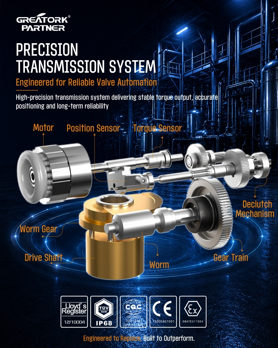Detailed inside view of GREATORK electric actuator precision worm gear and internal transmission system