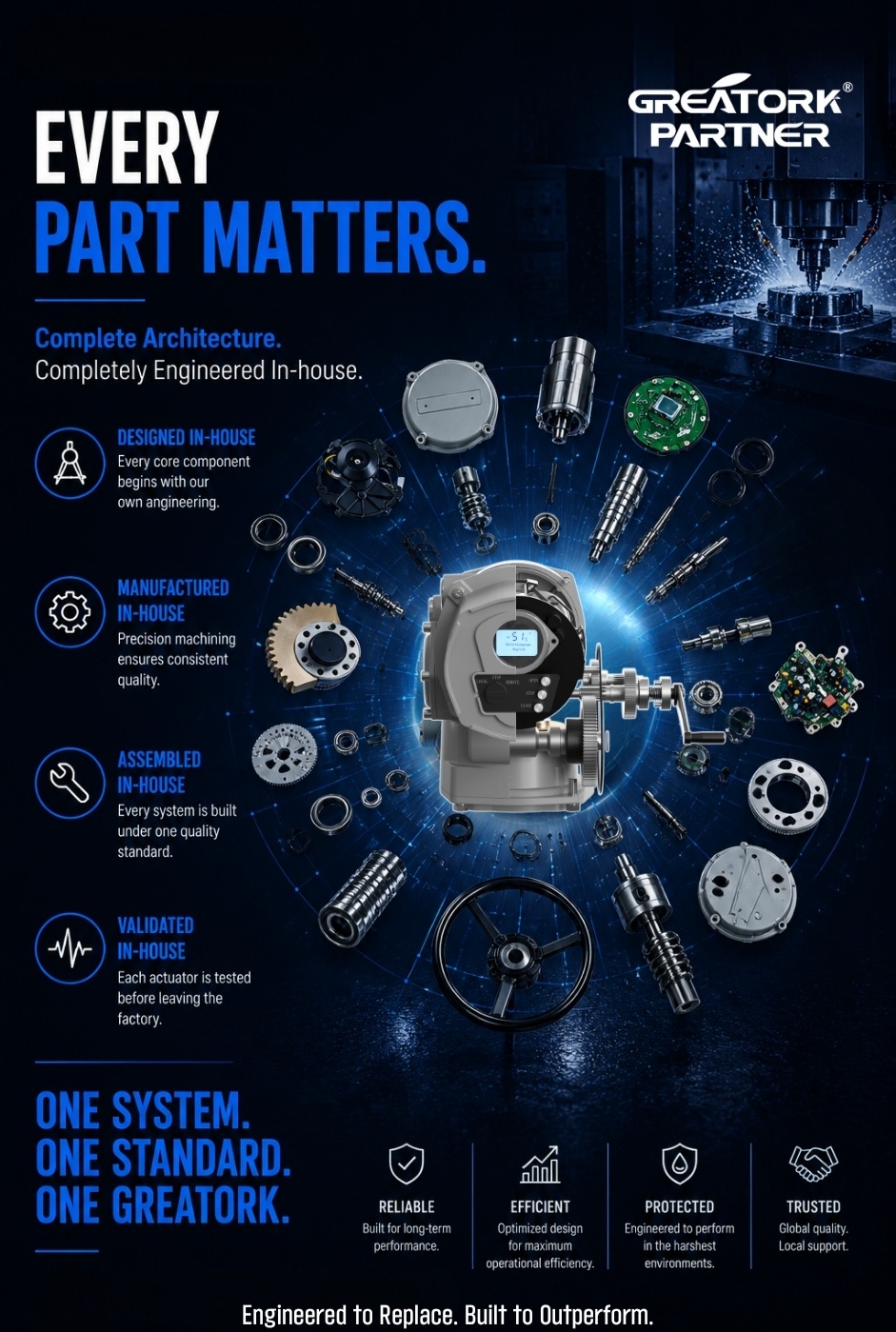 GREATORK electric actuator complete mechanical architecture explosion view showing integrated mechanical and electronic parts