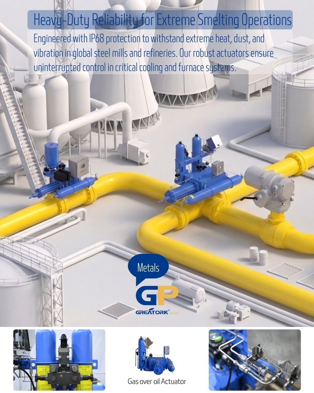 GREATORK heavy-duty intelligent electric actuators for metals and smelting valve automation in steel mills, blast furnaces, mining facilities and metallurgical processing plants.