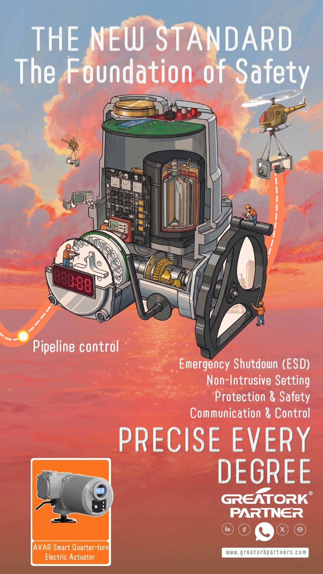 GREATORK AVAR smart quarter-turn intelligent electric actuator with SIL3 functional safety and emergency shutdown capability for industrial valve automation.