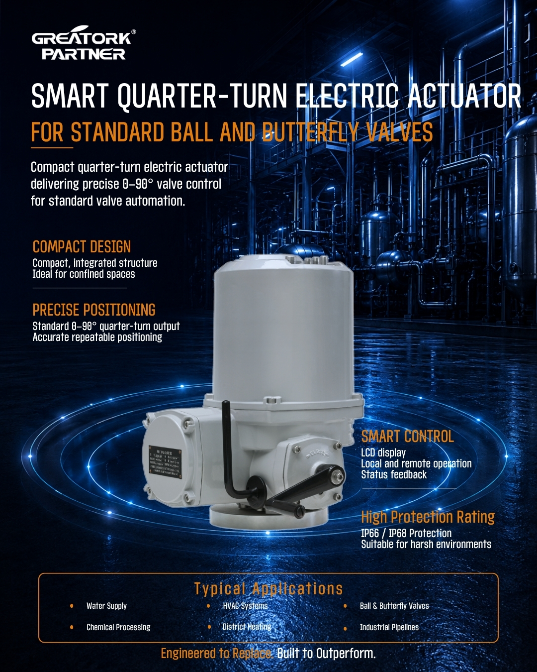 GREATORK compact smart quarter-turn electric actuator for space-saving industrial valve automation