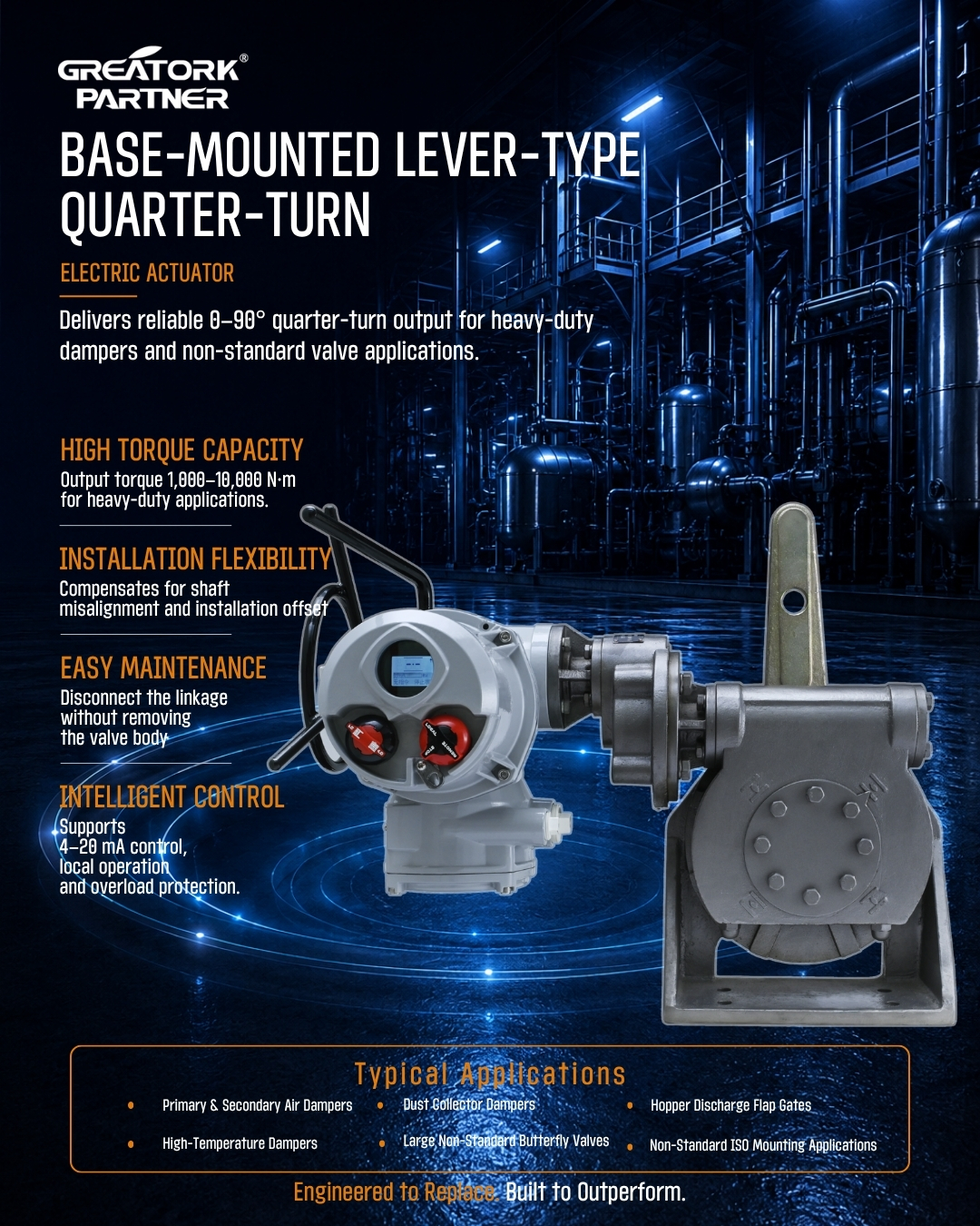GREATORK base-mounted lever-type quarter-turn electric actuator for non-standard ISO 5211 valve and damper automation