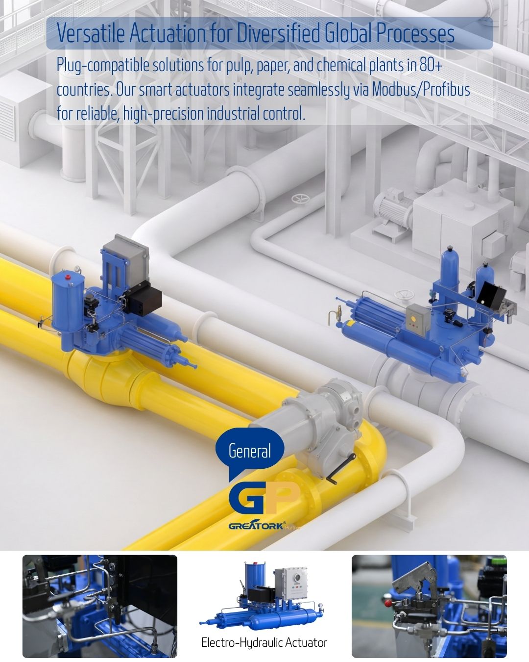 GREATORK intelligent electric actuators for general industrial valve automation supporting chemical processing, pulp and paper, manufacturing, pharmaceutical production and factory automation.