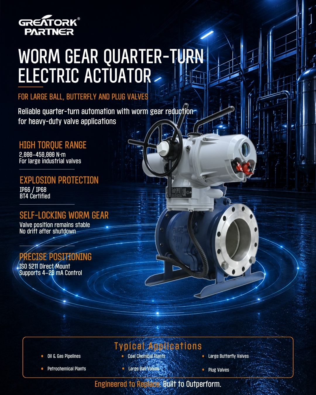 GREATORK heavy-duty worm gear quarter-turn electric actuator installed on a large industrial ball valve