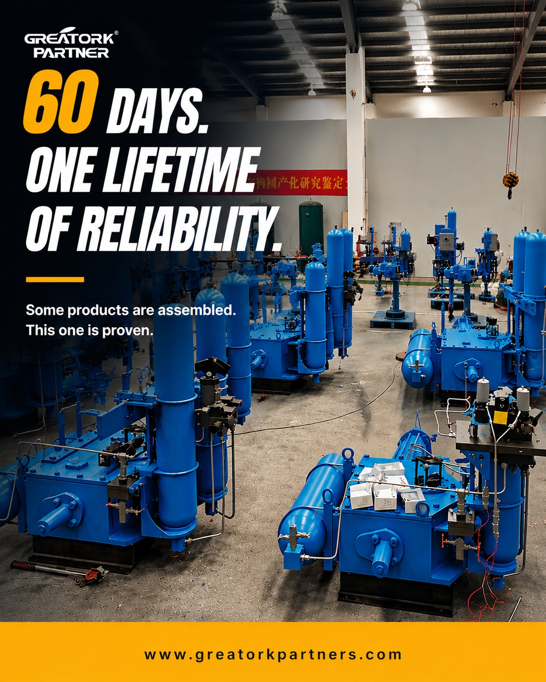 GREATORK gas-over-oil actuators undergoing high-pressure hydraulic testing in the factory
