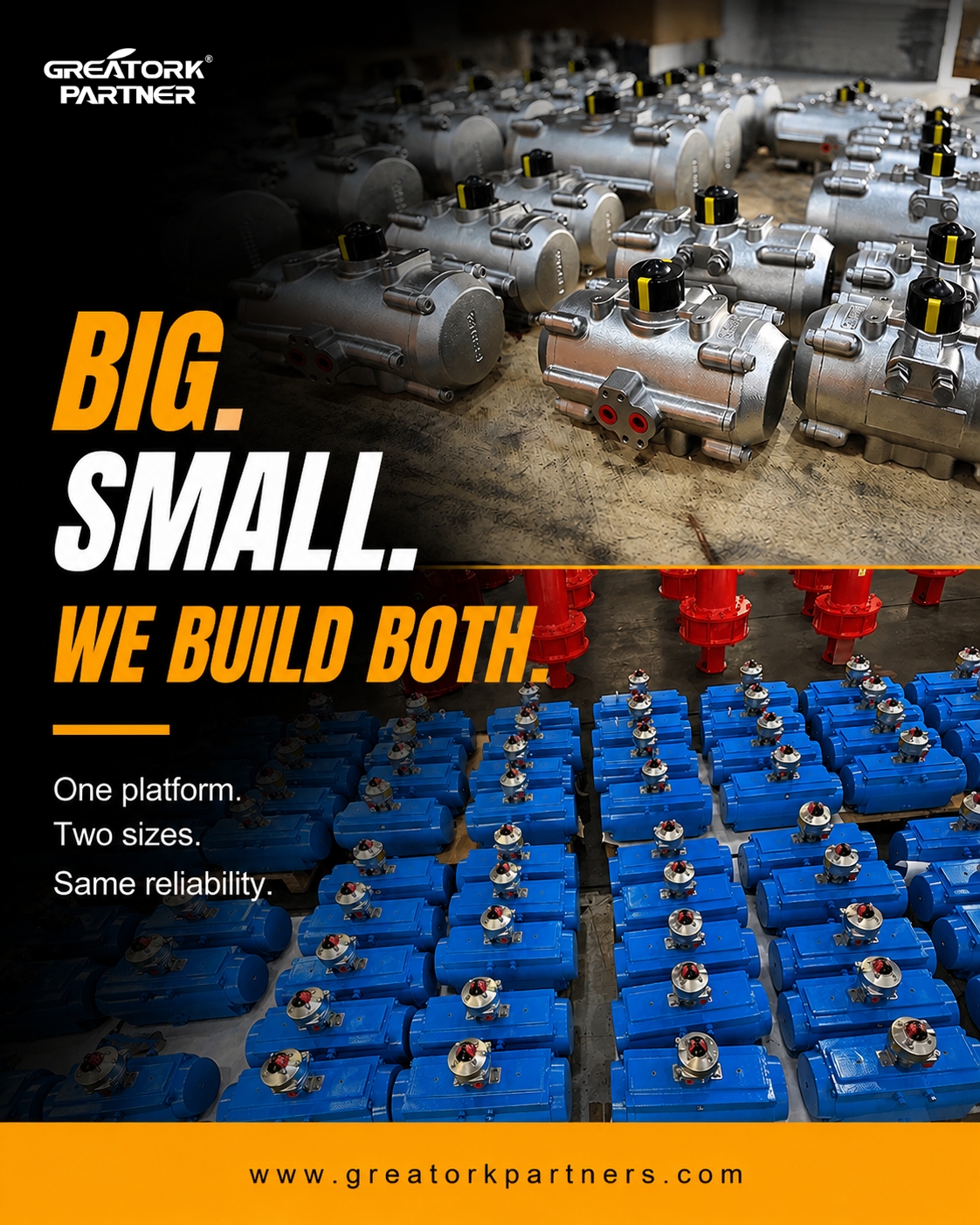 Various sizes of GREATORK pneumatic actuators displayed side-by-side in the assembly line