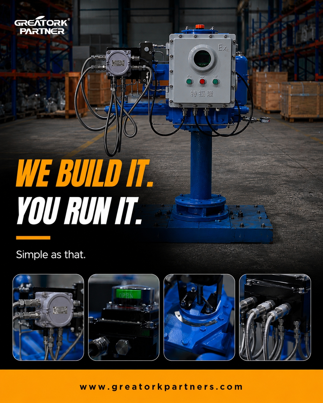 GREATORK electro-hydraulic actuator integrated with a hydraulic power unit undergoing factory testing
